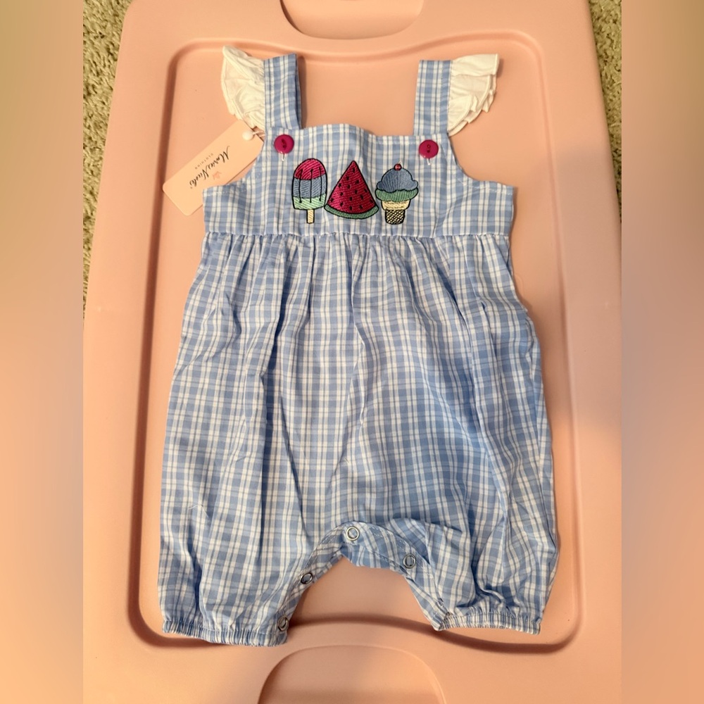 Cute Blue Checkered Baby Romper with Ice Cream Design